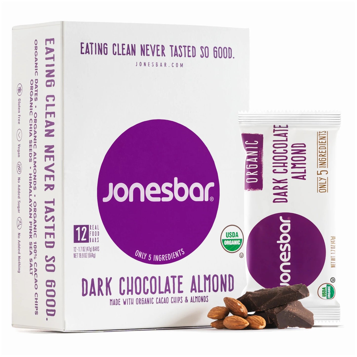 Jonesbar Dark Chocolate Almond, USDA Organic Fruit & Nut Bar, Non-GMO, Kosher, Vegan, Gluten Free - Pack of 12