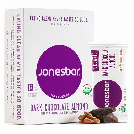Jonesbar Dark Chocolate Almond, USDA Organic Fruit & Nut Bar, Non-GMO, Kosher, Vegan, Gluten Free - Pack of 12