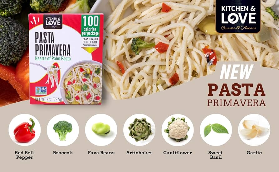 Kitchen & Love Hearts of Palm Linguine with Vegetables Pasta Primavera - Low Carb, Low Calories - Pack of 3