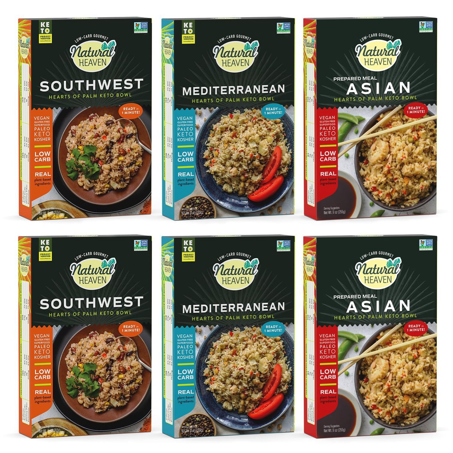 Natural Heaven Hearts of Palm Keto Food Bowl Variety  – Asian, Southwest & Mediterranean Prepared Meals - Pack of 6