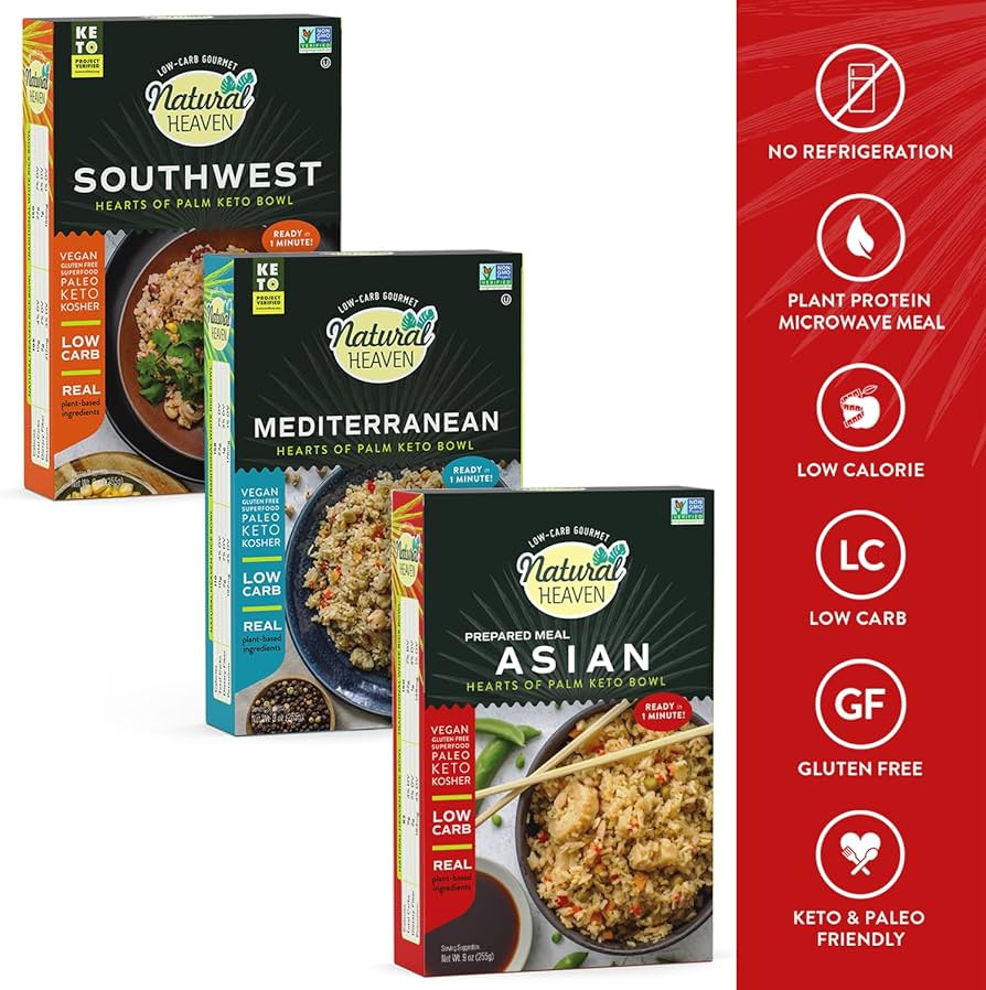 Natural Heaven Hearts of Palm Keto Food Bowl Variety  – Asian, Southwest & Mediterranean Prepared Meals - Pack of 6
