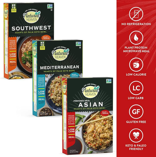 Natural Heaven Hearts of Palm Keto Food Bowl Variety  – Asian, Southwest & Mediterranean Prepared Meals - Pack of 6