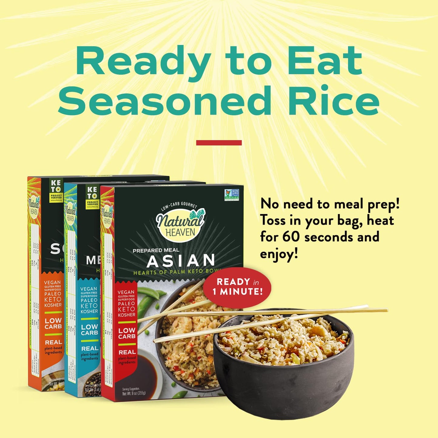 Natural Heaven Hearts of Palm Keto Food Bowl Variety  – Asian, Southwest & Mediterranean Prepared Meals - Pack of 6