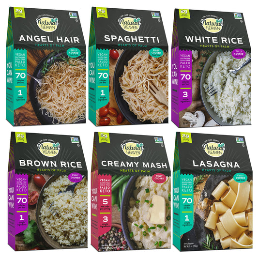 Natural Heaven Gift Set - Hearts of Palm Variety Pack - Low Carb, Low Calorie Creamy Mash, White & Brown Rice, Spaghetti Noodles, Lasagna, Angel Hair Pasta - Pack of 6