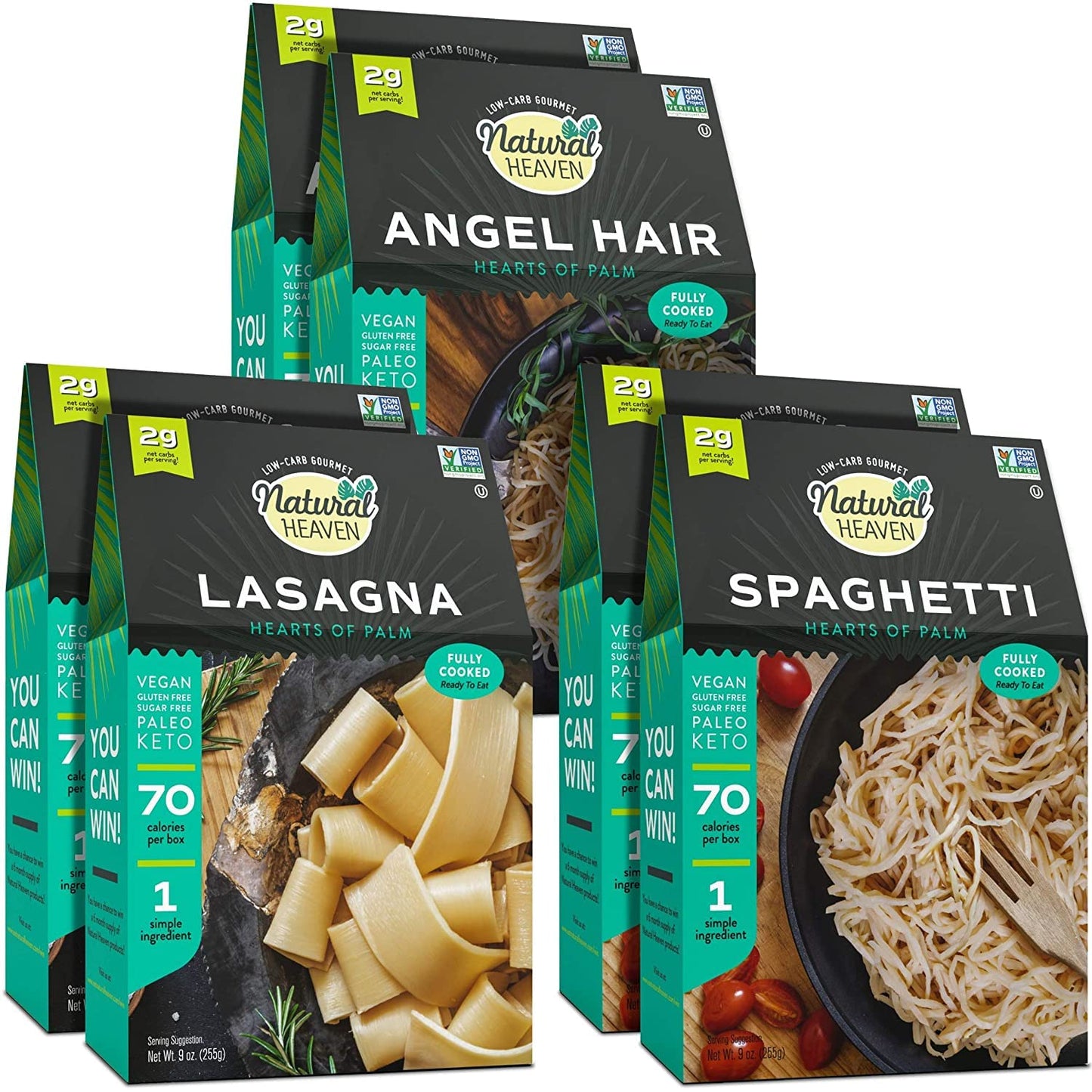 Natural Heaven Hearts of Palm Pasta Variety Pack - Low Carb Pasta, Gluten-Free, Keto Pasta Noodles, Lasagna, Angel Hair Pasta & Spaghetti Noodles - Pack of 6