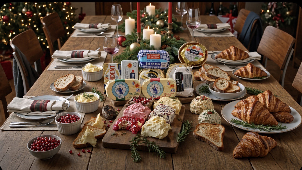 A festive holiday spread on a wooden dining table featuring an assortment of French Butter, cheeses, crackers, croissants, bread, and garnishes, with candles, glasses, and Christmas decorations in the background.