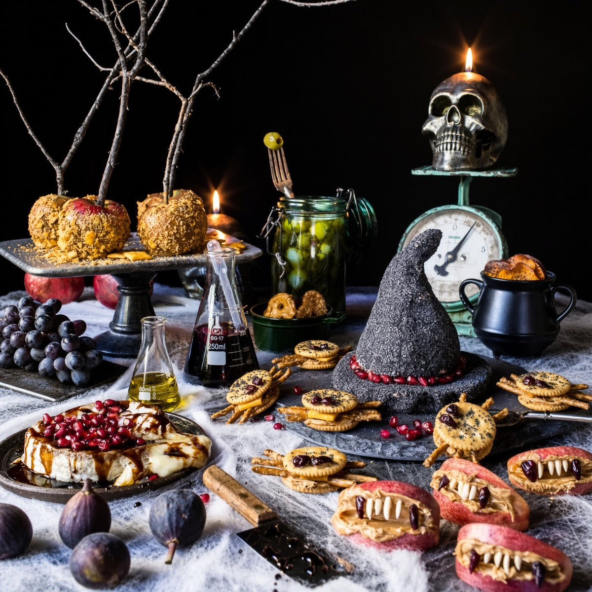 A Halloween-themed food spread on a black background, featuring vampire apple pies, a pomegranate cheese cake, cookies, grapes, figs, a miniature witch hat, candles, a skull on a scale, and cobweb decor.