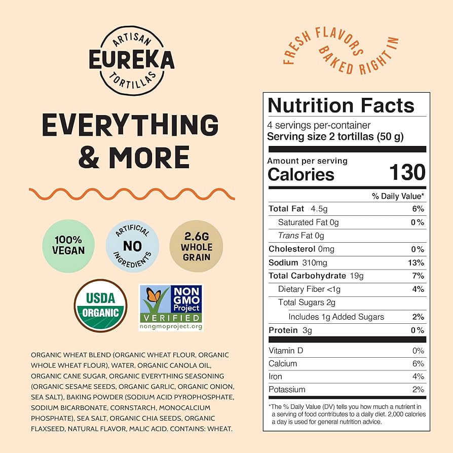 Eureka Tortilla Organic Everything & More Artisan Flour Tortillas - Vegan, Non-GMO, Low - 6” Mini Wrap Whole Grains - Pack of 4