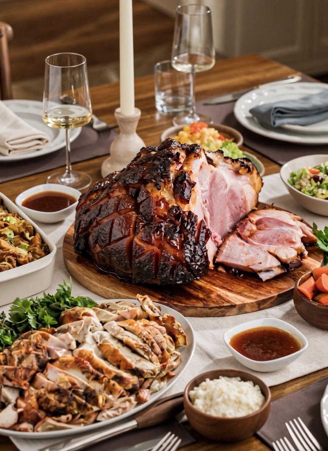 A beautifully arranged Thanksgiving table featuring a large glazed ham on a wooden cutting board, sliced turkey on a platter, bowls of sides, white rice, and dining tableware in a warm indoor setting.