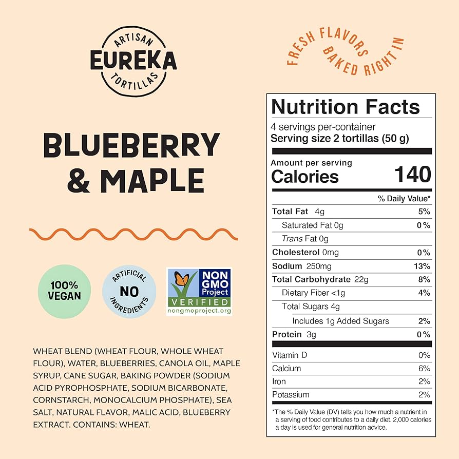 Eureka Tortilla Blueberry & Maple Artisan Flour Tortillas - Vegan, Non-GMO, Low - 6” Mini Wrap Whole Grains - Pack of 4