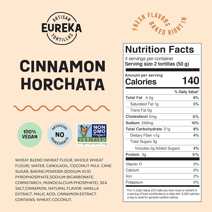 Eureka Tortilla Cinnamon Horchata Artisan Flour Tortillas - Vegan, Non-GMO, Low - 6” Mini Wrap Whole Grains - Pack of 4