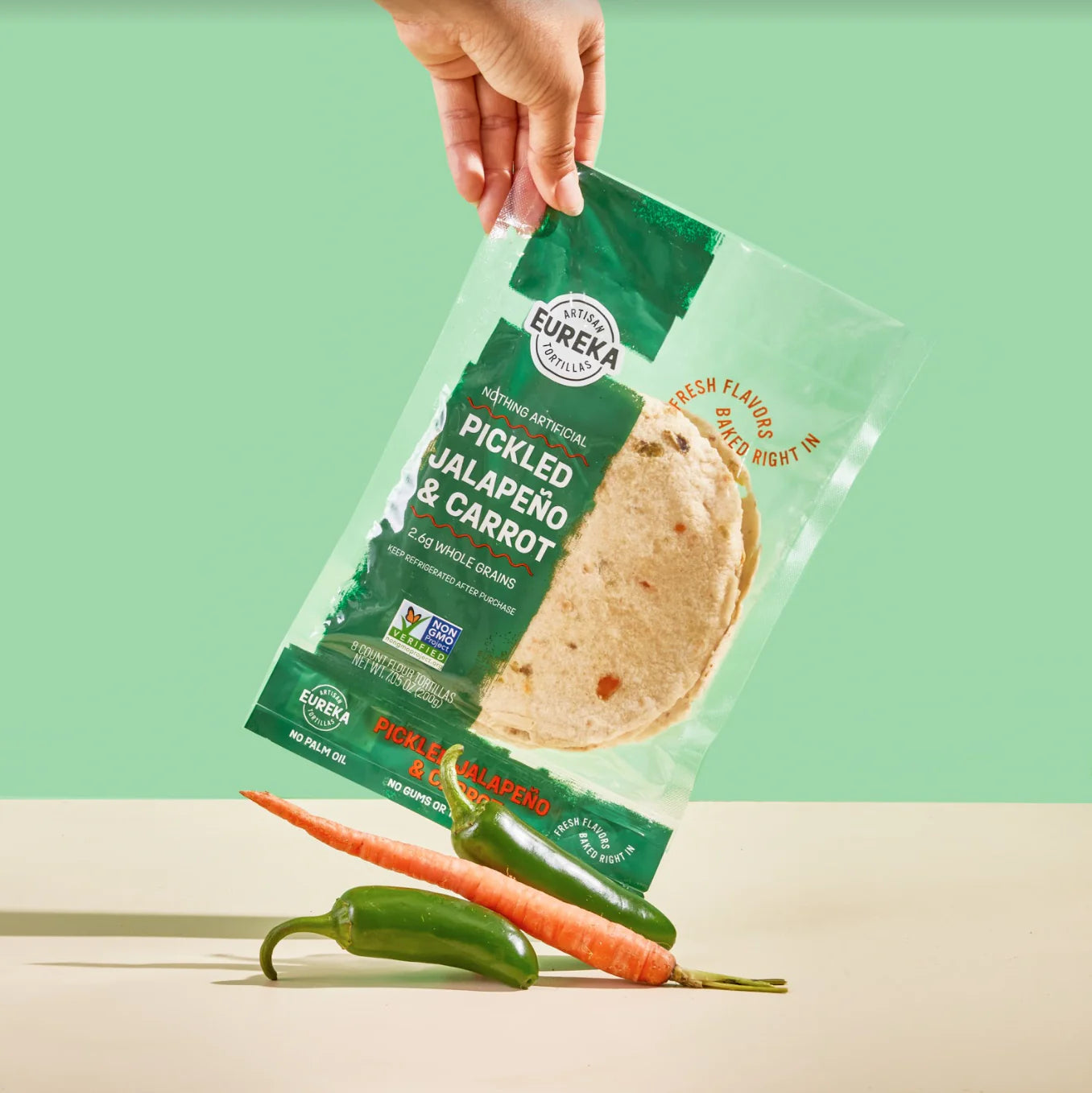 Eureka Tortilla Pickled Jalapeño & Carrot Artisan Flour Tortillas - Vegan, Non-GMO, Low - 6” Mini Wrap Whole Grains - Pack of 4