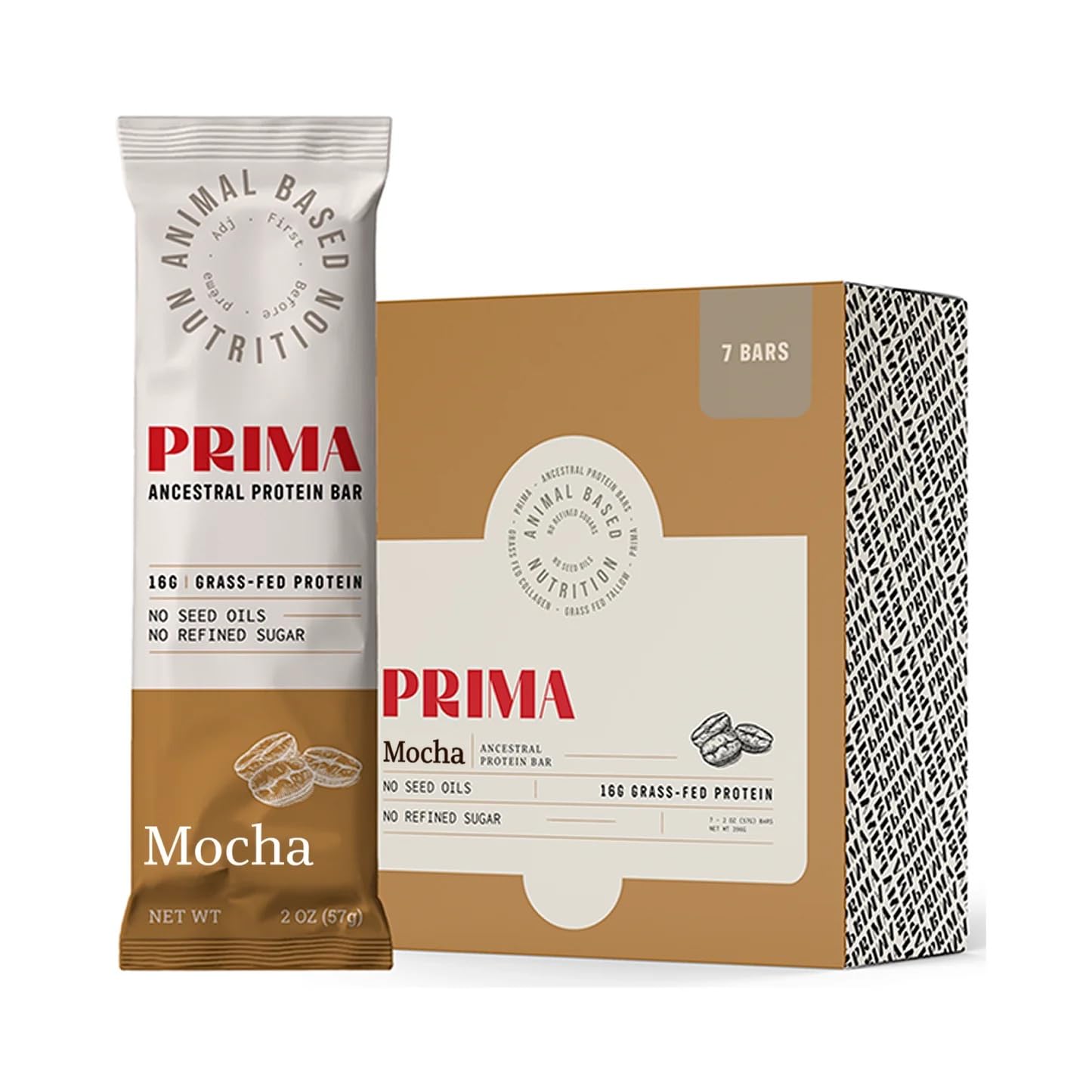 PRIMA ANCESTRAL PROTEIN BAR Grass Fed Protein Bars, Mocha - Seed Oil Free, Gluten Free, Low Carb Snacks - Pack of 7