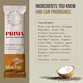 PRIMA ANCESTRAL PROTEIN BAR Grass Fed Protein Bars, Mocha - Seed Oil Free, Gluten Free, Low Carb Snacks - Pack of 7