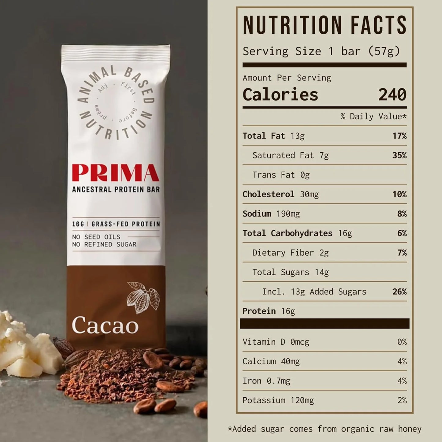 PRIMA ANCESTRAL PROTEIN BAR Grass Fed Protein Bars, Cacao - Seed Oil Free, Gluten Free, Low Carb Snacks - Pack of 7