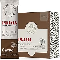 PRIMA ANCESTRAL PROTEIN BAR Grass Fed Protein Bars, Cacao - Seed Oil Free, Gluten Free, Low Carb Snacks - Pack of 7