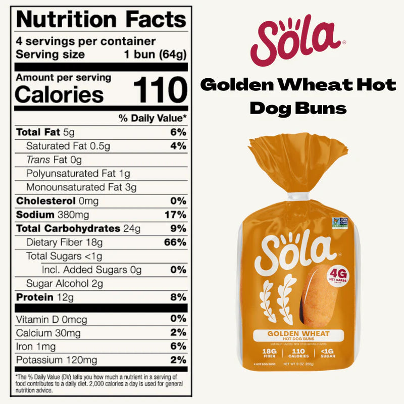 SOLA Golden Wheat Hot Dog Buns - 4 included