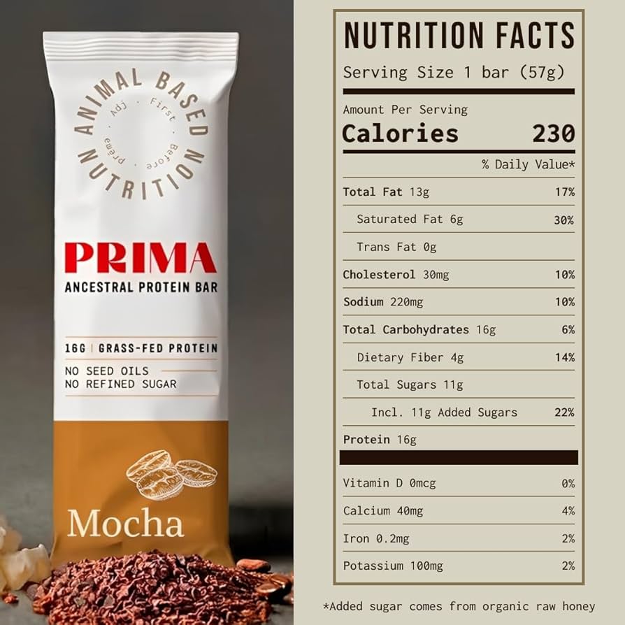 PRIMA ANCESTRAL PROTEIN BAR Grass Fed Protein Bars, Mocha - Seed Oil Free, Gluten Free, Low Carb Snacks - Pack of 7