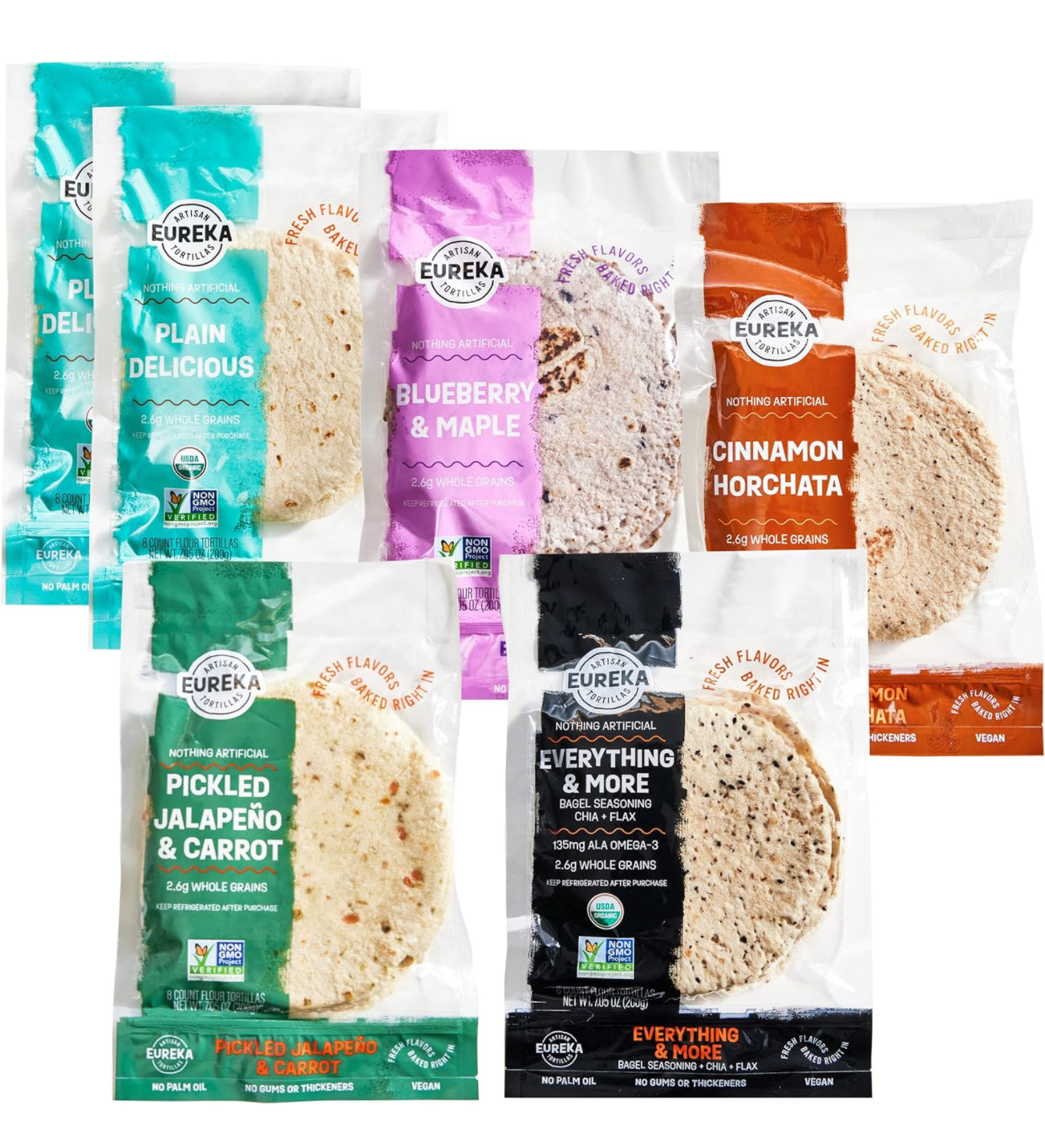 Eureka Tortilla All Flavors Variety Pack Artisan Flour Tortillas - Vegan, Non-GMO, Low - 6” Mini Wrap Whole Grains - Pack of 6