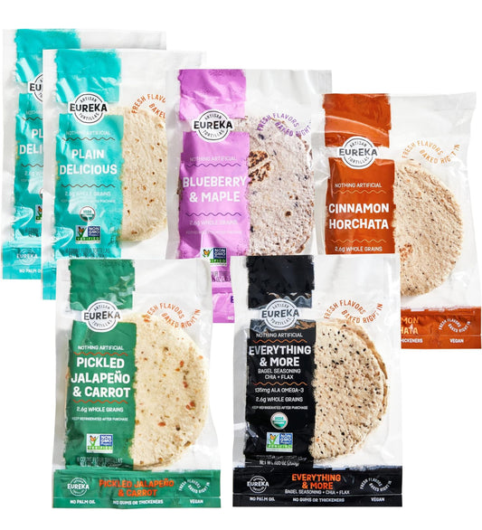 Eureka Tortilla All Flavors Variety Pack Artisan Flour Tortillas - Vegan, Non-GMO, Low - 6” Mini Wrap Whole Grains - Pack of 6