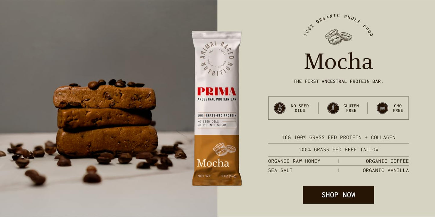 PRIMA ANCESTRAL PROTEIN BAR Grass Fed Protein Bars, Mocha - Seed Oil Free, Gluten Free, Low Carb Snacks - Pack of 7