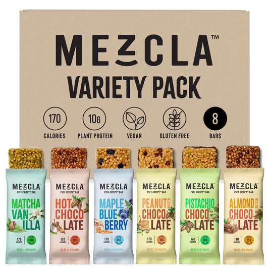 Mezcla Puff Crispy Protein Bars, Variety Pack - Gluten Free & Vegan Protein Bars, 10g Protein, Alt for Crispy Rice Treat, Granola Bars & Breakfast Bars - Pack of 8