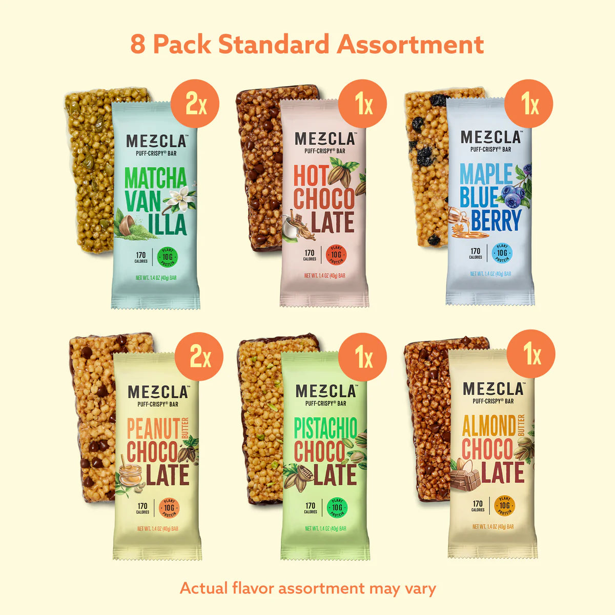 Mezcla Puff Crispy Protein Bars, Variety Pack - Gluten Free & Vegan Protein Bars, 10g Protein, Alt for Crispy Rice Treat, Granola Bars & Breakfast Bars - Pack of 8