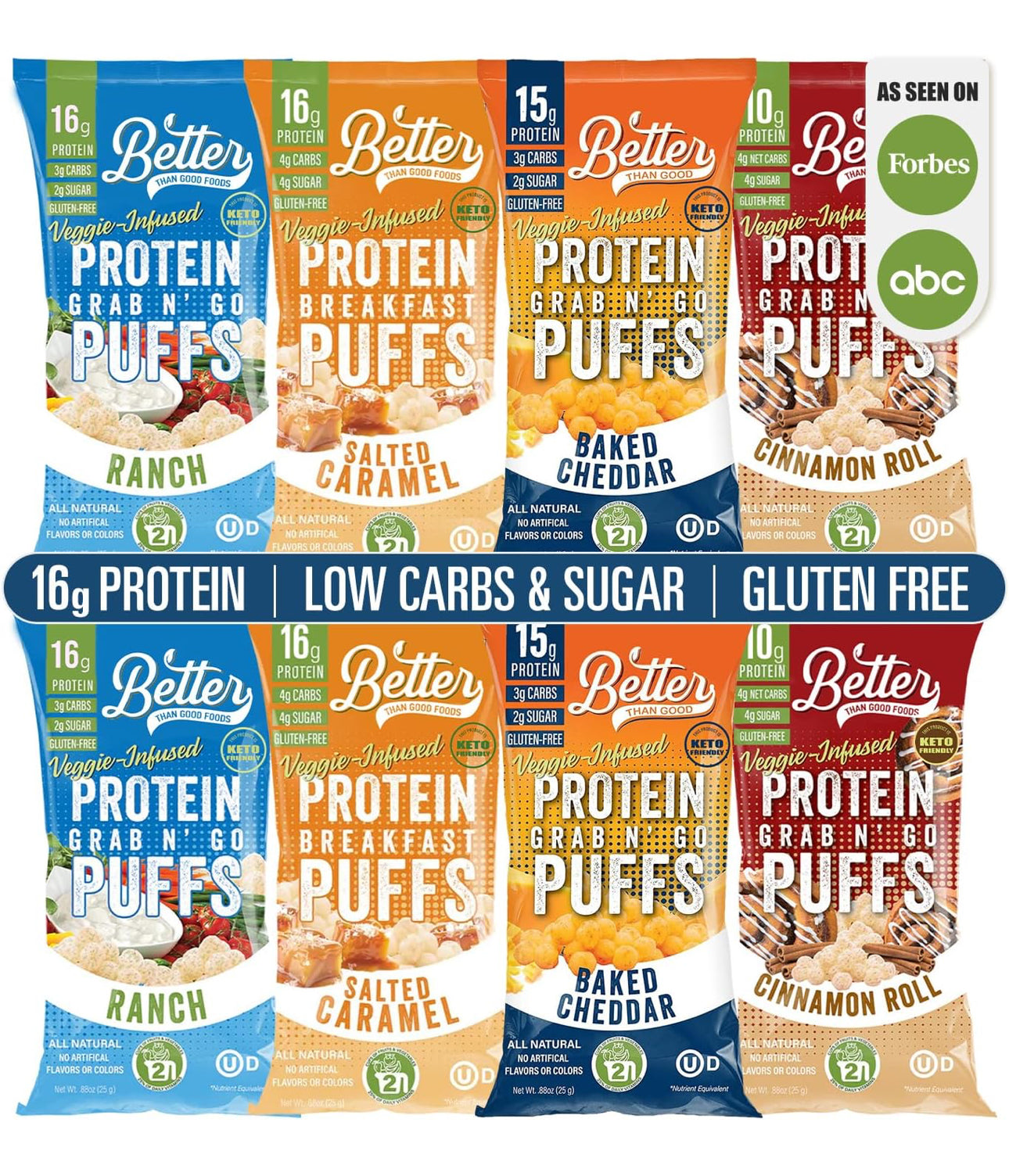 Better Than Good Sweet & Savory Puffs - Keto, Gluten-Free Protein Puffs - Paleo, Low Sugar, Low Calorie, Diabetic Friendly Snacks | Veggie Infused Protein Breakfast Puffs - Variety Pack of 8