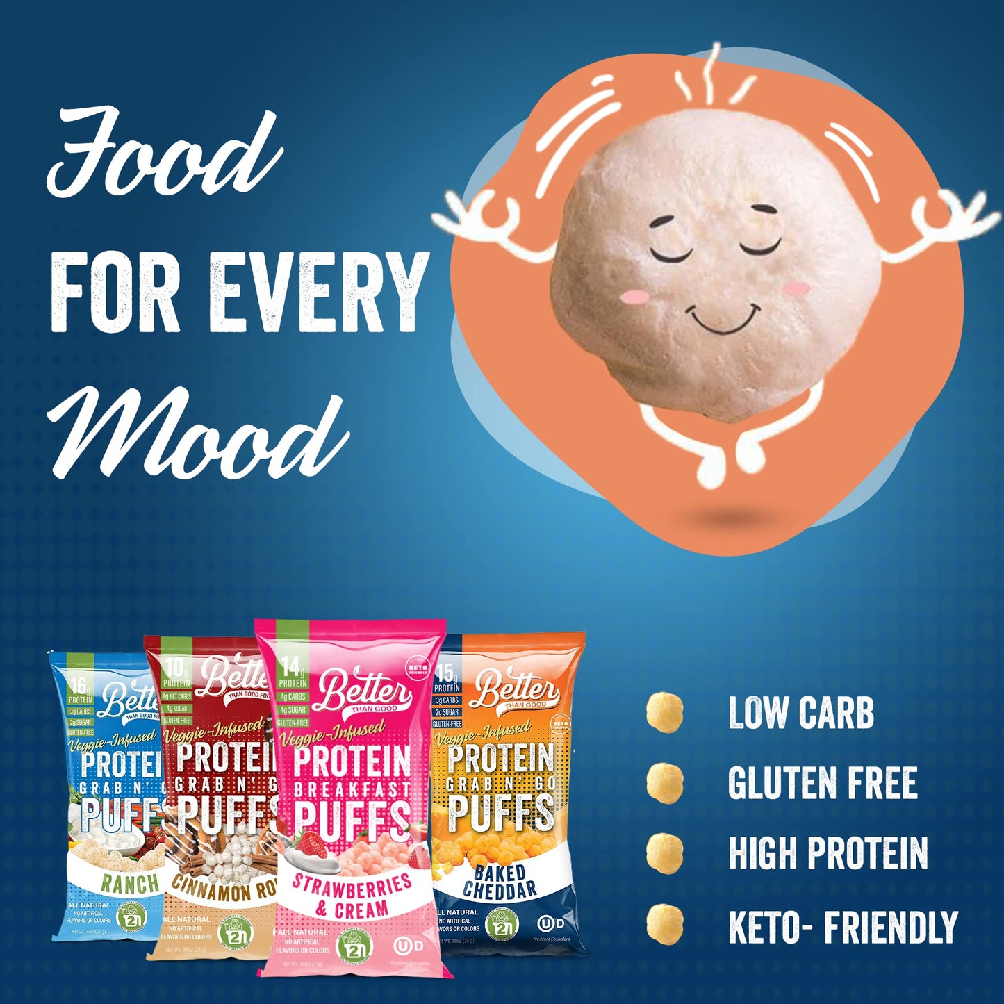 Better Than Good Sweet Puffs - Keto, Gluten-Free Protein Puffs - Paleo, Low Sugar, Low Calorie, Diabetic Friendly Snacks | Veggie Infused Protein Breakfast Puffs - Variety Pack of 8