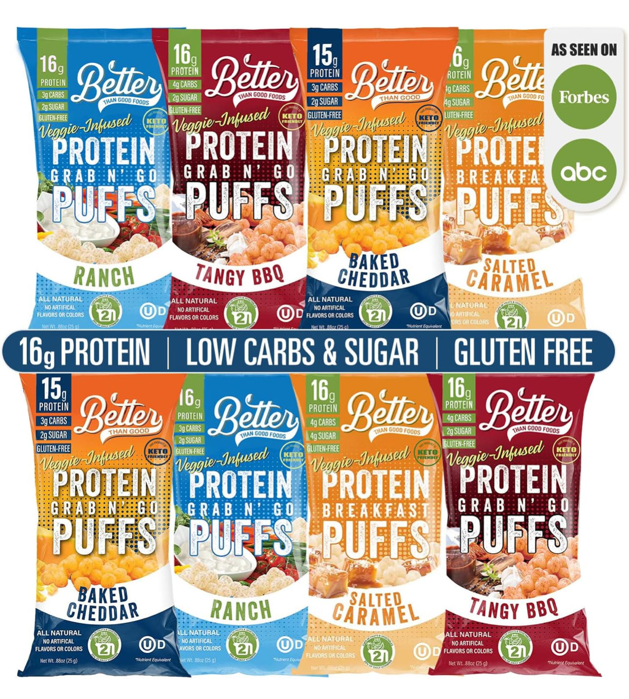 Better Than Good Savory Puffs - Keto, Gluten-Free Protein Puffs - Paleo, Low Sugar, Low Calorie, Diabetic Friendly Snacks | Veggie Infused Protein Breakfast Puffs - Variety Pack of 8