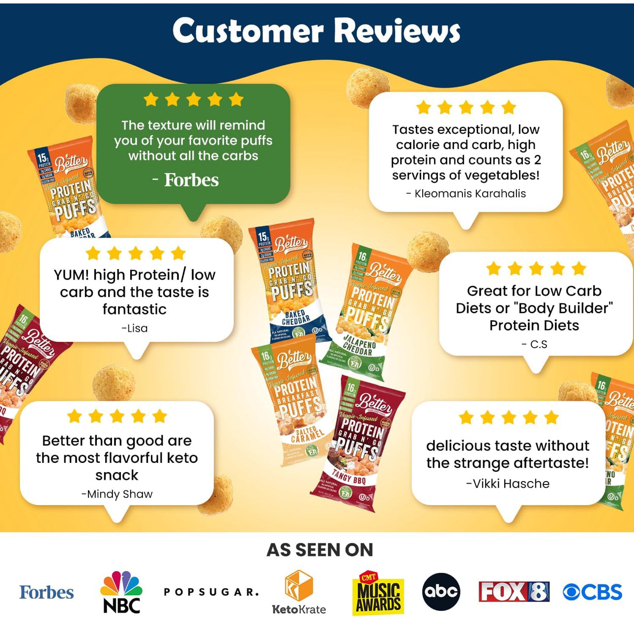 Better Than Good Savory Puffs - Keto, Gluten-Free Protein Puffs - Paleo, Low Sugar, Low Calorie, Diabetic Friendly Snacks | Veggie Infused Protein Breakfast Puffs - Variety Pack of 8