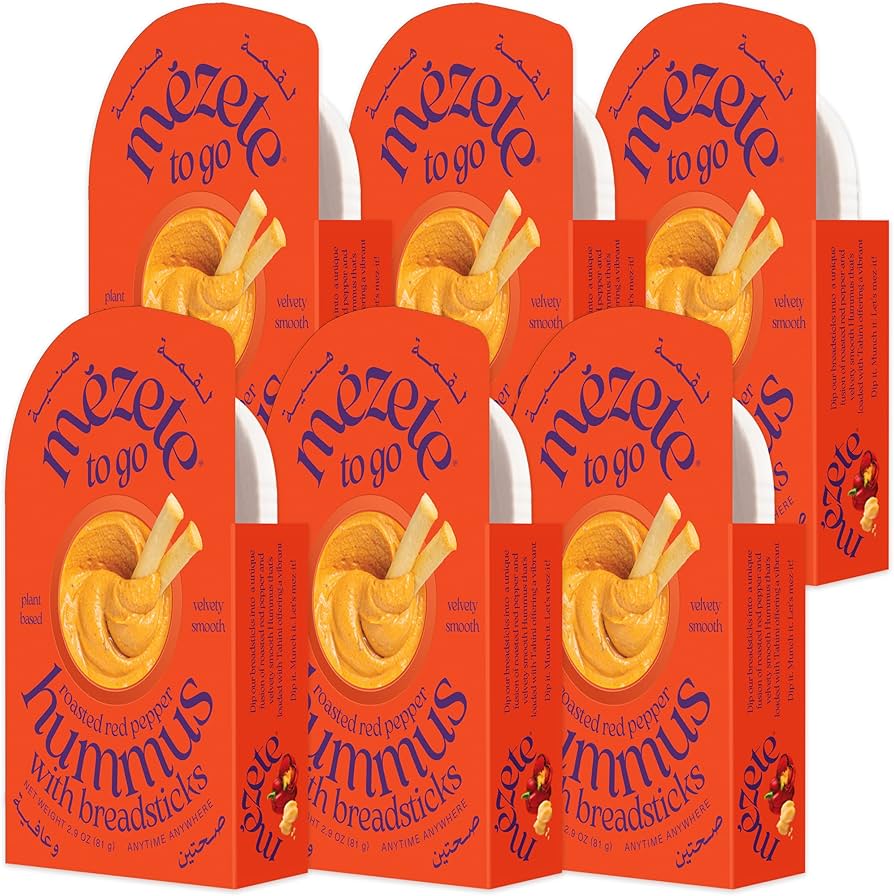 Mezete Roasted Red Pepper Hummus | Tahini Rich Chickpea Dip with Breadsticks | All Natural | On the Go | Plant Based | Preservative-Free - Pack of 6