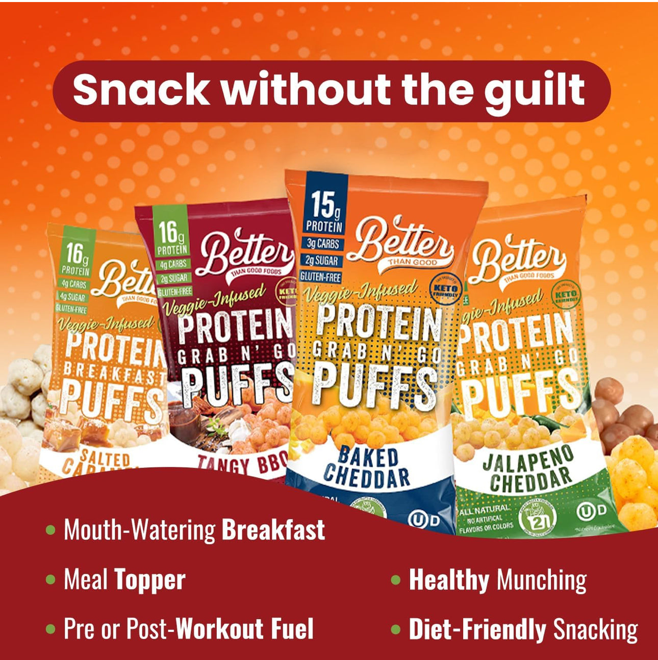 Better Than Good Savory Puffs - Keto, Gluten-Free Protein Puffs - Paleo, Low Sugar, Low Calorie, Diabetic Friendly Snacks | Veggie Infused Protein Breakfast Puffs - Variety Pack of 8