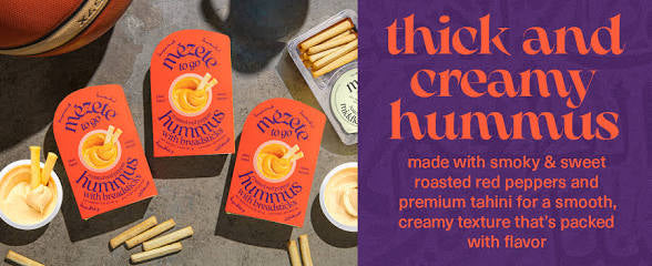 Mezete Roasted Red Pepper Hummus | Tahini Rich Chickpea Dip with Breadsticks | All Natural | On the Go | Plant Based | Preservative-Free - Pack of 6