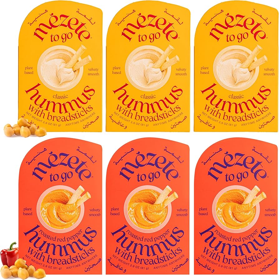 Mezete Customer Favorite Hummus  Dip Pack with Breadsticks | All Natural | On the Go | Plant Based | Preservative-Free - Pack of 6