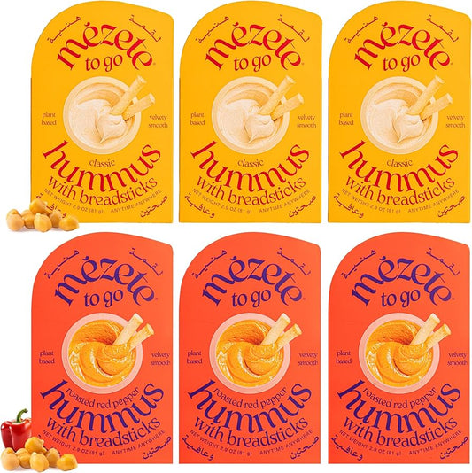Mezete Customer Favorite Hummus  Dip Pack with Breadsticks | All Natural | On the Go | Plant Based | Preservative-Free - Pack of 6