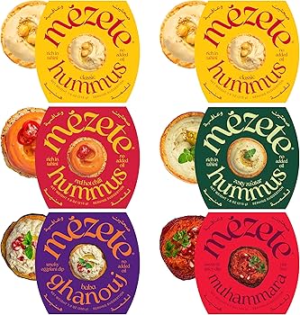 Mezete All Natural Hummus Dip Snacks Variety Pack | No Added Oils | Preservatives-Free | Halal | Vegan Dips & Spreads | Authentic Middle Eastern Taste | Great for Pita, Chips & Charcuterie - Pack of 6