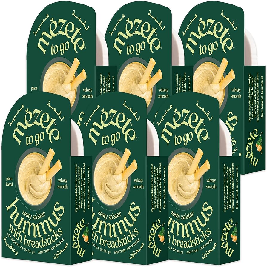 Mezete Zesty Za'atar (Thyme) Hummus  Dip with Breadsticks | All Natural | On the Go | Plant Based | Preservative-Free - Pack of 6