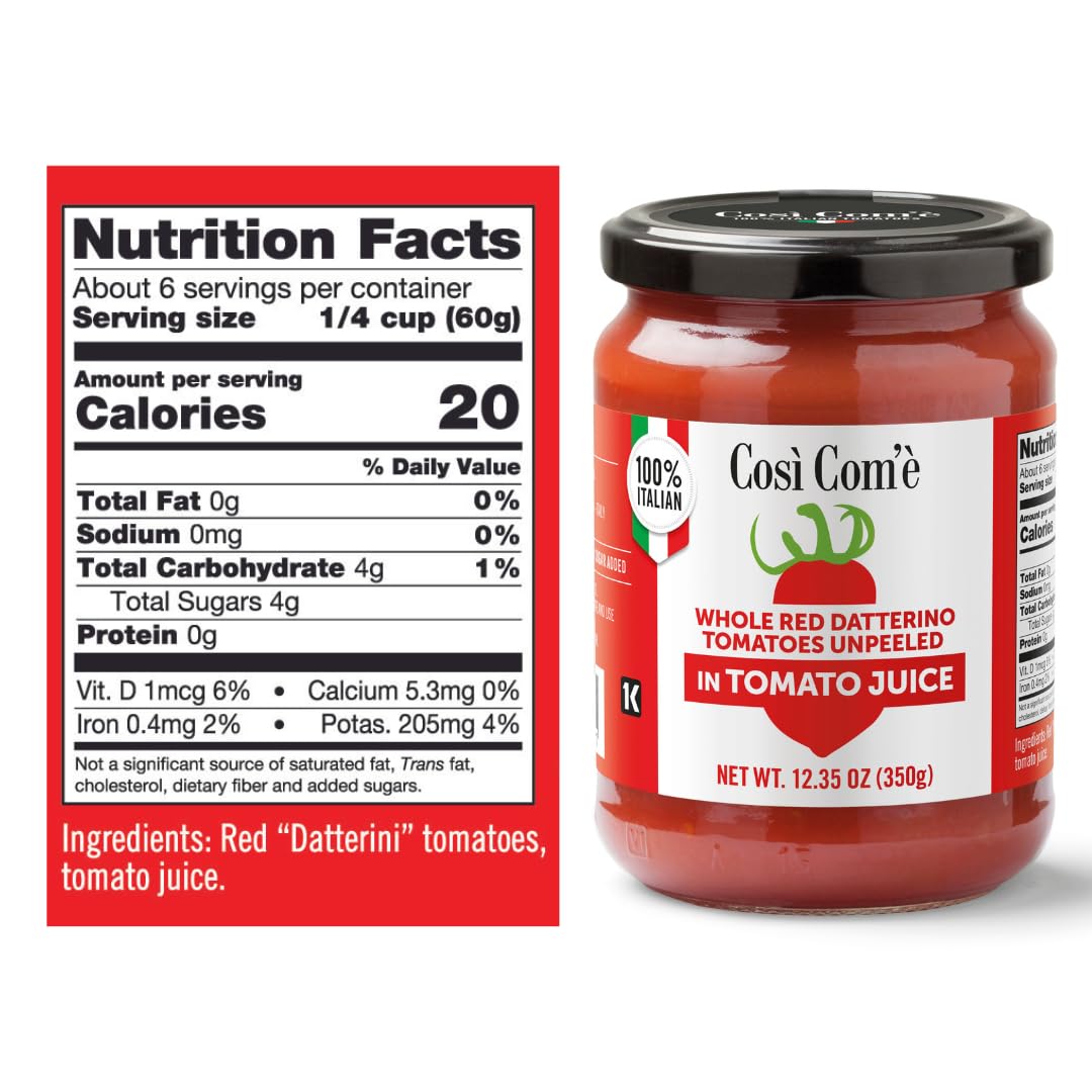 Così Com'è Italian Red Datterini Tomatoes in Juice, Low-acid, No additives, No preservatives, 100% Natural, Non-GMO, Product of Italy - Pack of 3
