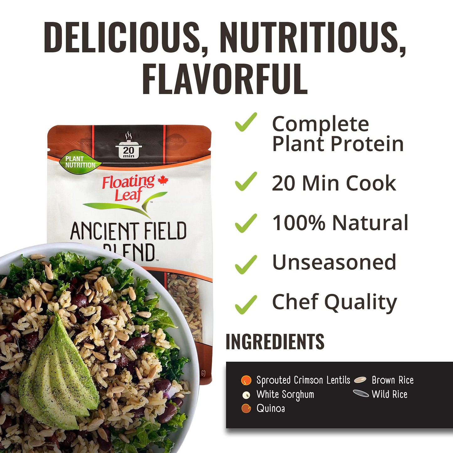 Ancient Field Blend, Wild Rice Blend with Sprouted Crimson Lentils, White Sorghum Grain, Quinoa and Brown Rice, Non Gluten, Non-Gmo, Kosher, Vegan - Pack of 3