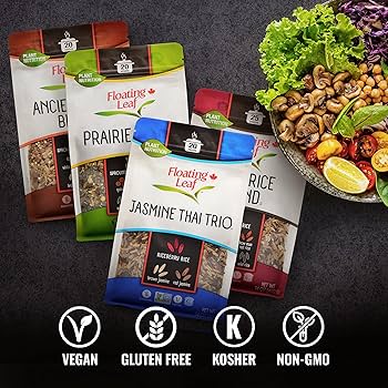 Floating Leaf Rice Variety Pack - Jasmine Thai Rice Trio, Wild Rice Blend, Prairie Blend and Ancient Field Blend - Non Gluten, Non-Gmo, Kosher, Vegan - Pack of 4