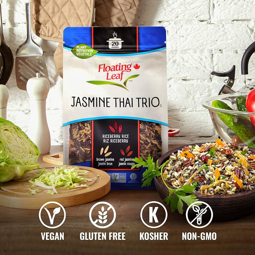 Floating Leaf Jasmine Thai Trio, Riceberry Rice (Jasmine Black Rice), Brown Jasmine Rice and Red Jasmine Rice, Non Gluten, Non-Gmo, Kosher and Vegan - Pack of 3