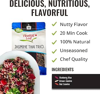 Floating Leaf Jasmine Thai Trio, Riceberry Rice (Jasmine Black Rice), Brown Jasmine Rice and Red Jasmine Rice, Non Gluten, Non-Gmo, Kosher and Vegan - Pack of 3