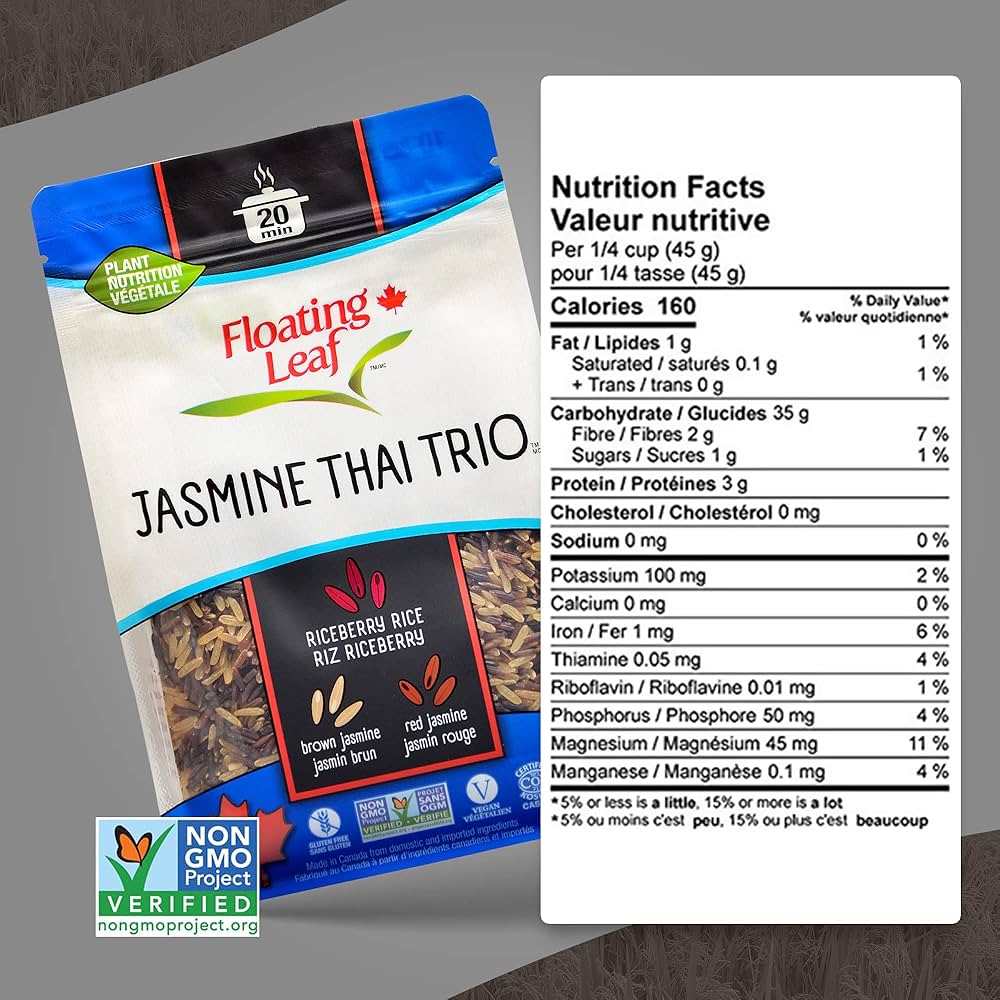 Floating Leaf Jasmine Thai Trio, Riceberry Rice (Jasmine Black Rice), Brown Jasmine Rice and Red Jasmine Rice, Non Gluten, Non-Gmo, Kosher and Vegan - Pack of 3