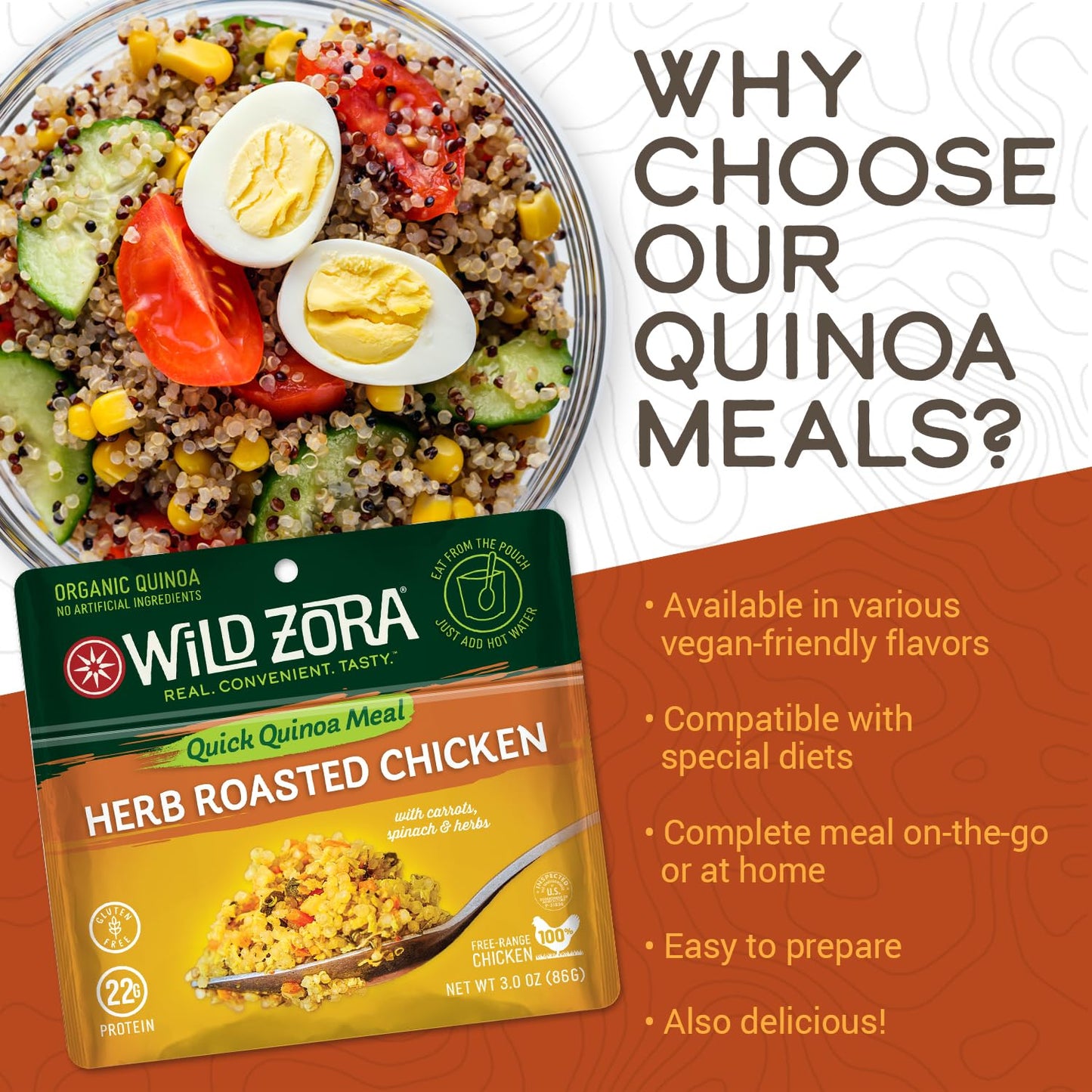 Wild Zora Instant Organic Quinoa Meals - Baja Citrus Lentils, Herb Roasted Chicken - Quick & Tasty Prepared Quinoa Bowls, Gluten Free Meal with Lentils Plus