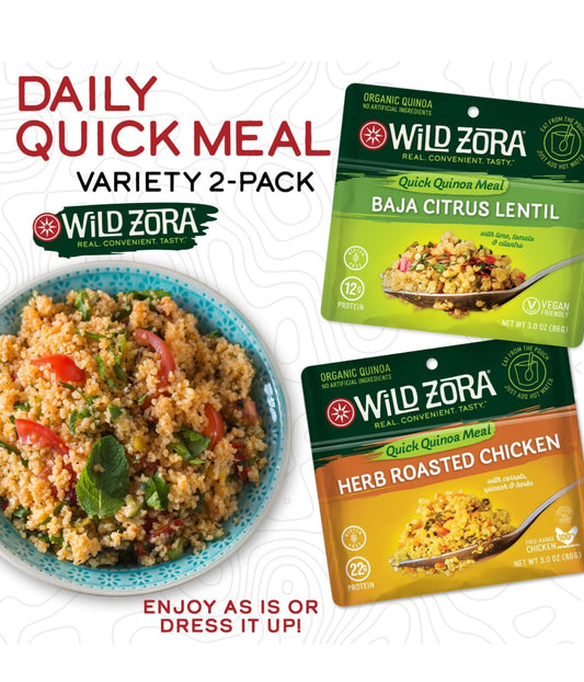 Wild Zora Instant Organic Quinoa Meals - Baja Citrus Lentils, Herb Roasted Chicken - Quick & Tasty Prepared Quinoa Bowls, Gluten Free Meal with Lentils Plus