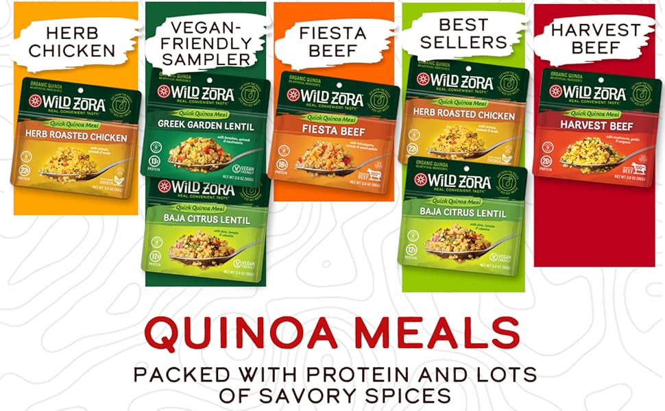 Wild Zora Instant Organic Quinoa Bowl Meals Variety Pack - Instant Tasty Bowls, Gluten-Free Meal with Lentils Plus - Pack of 5