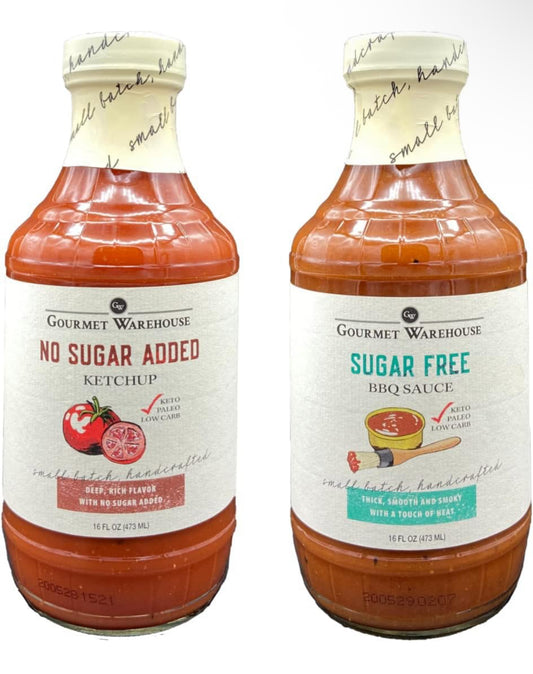 Gourmet Warehouse Sugar Added Ketchup and Sugar Free BBQ Sauce Handcrafted In Small Batches Gluten-Free, HFCS-Free, Keto Friendly, Paleo, Delicious Sauce, 16 oz - Pack of 2