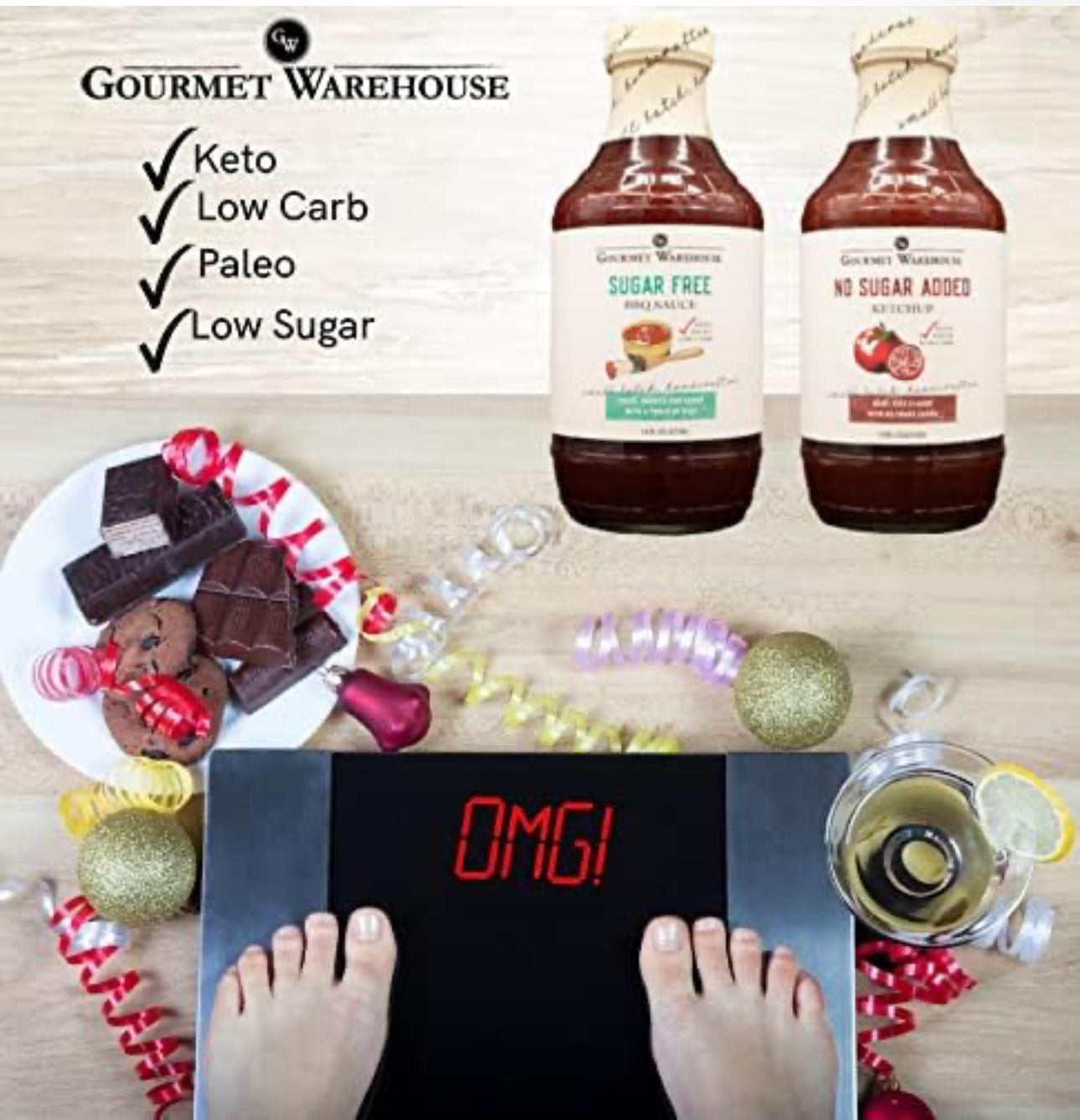 Gourmet Warehouse Sugar Added Ketchup and Sugar Free BBQ Sauce Handcrafted In Small Batches Gluten-Free, HFCS-Free, Keto Friendly, Paleo, Delicious Sauce, 16 oz - Pack of 2