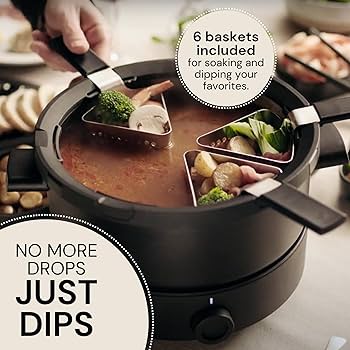 Evolution 3 in 1 Electric Fondue Set - Broth, Cheese, Chocolate Fondue Pot - Temp Control, Ceramic Bowl, 6 Baskets & Tongs - includes Cheese & Chocolate